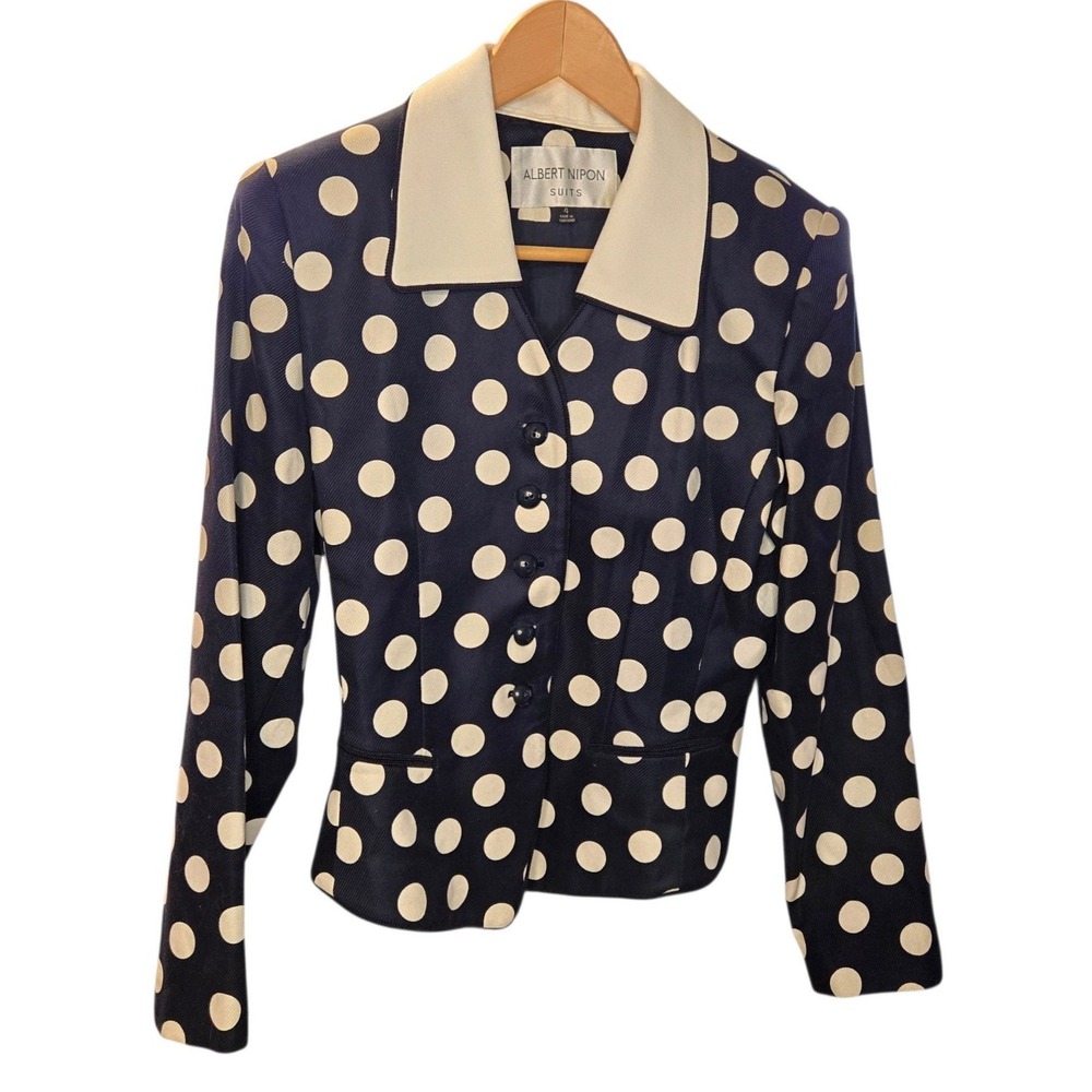 Vintage Albert Nipon Size 4 Polka Dot Blazer 90s Power Dressing Navy Ivory